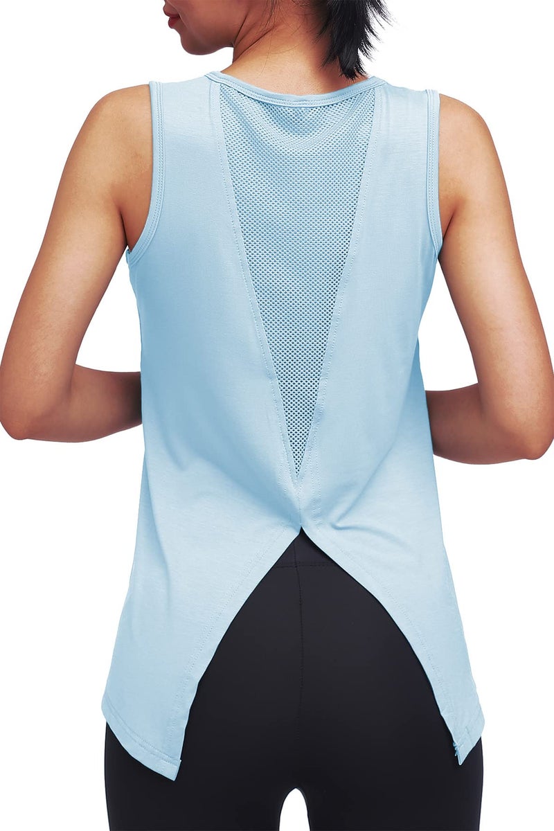 Mippo Workout Tops for Women Yoga Clothes Running Shirts Tie Back Tanks Tennis Shirts Athletic Exercise Tops Light Blue S - Image 3